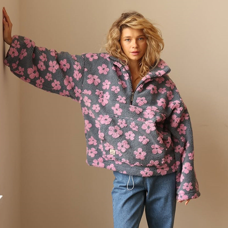 Amalie – Sherpa Genser med Blomsterprint