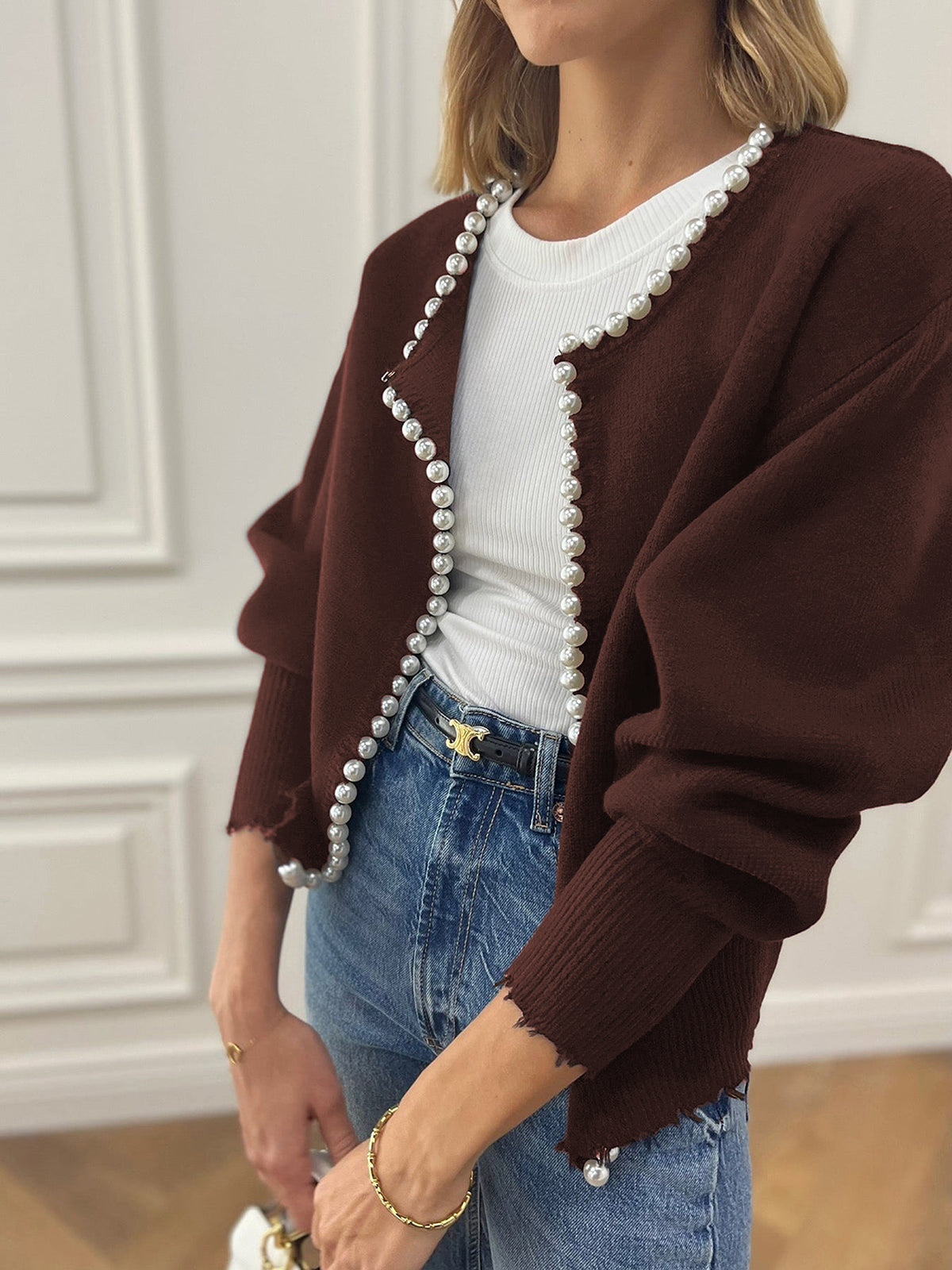 Gunhild™ | Cardigan med perlekant og frynset fald