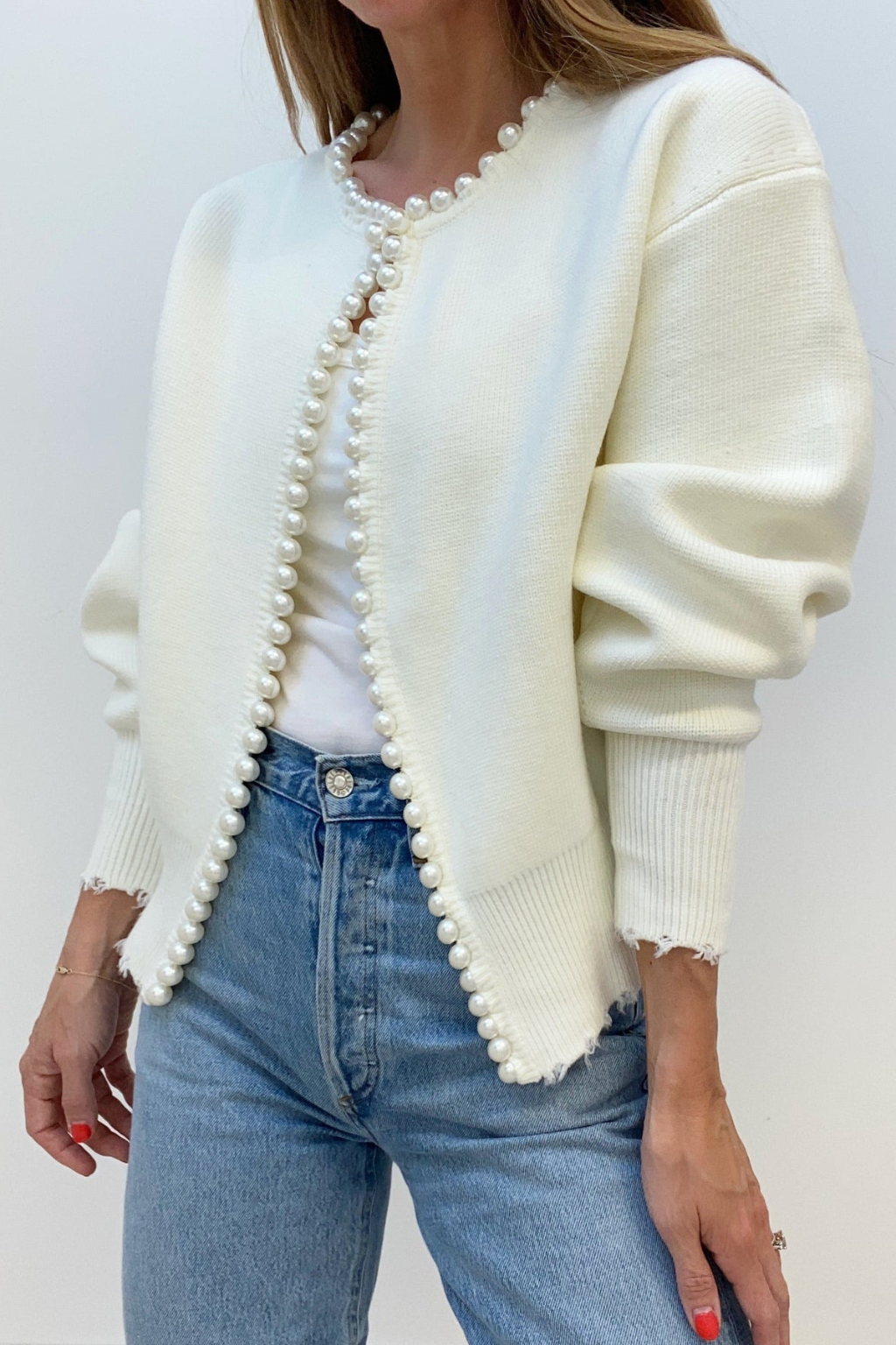 Gunhild™ | Cardigan med perlekant og frynset fald